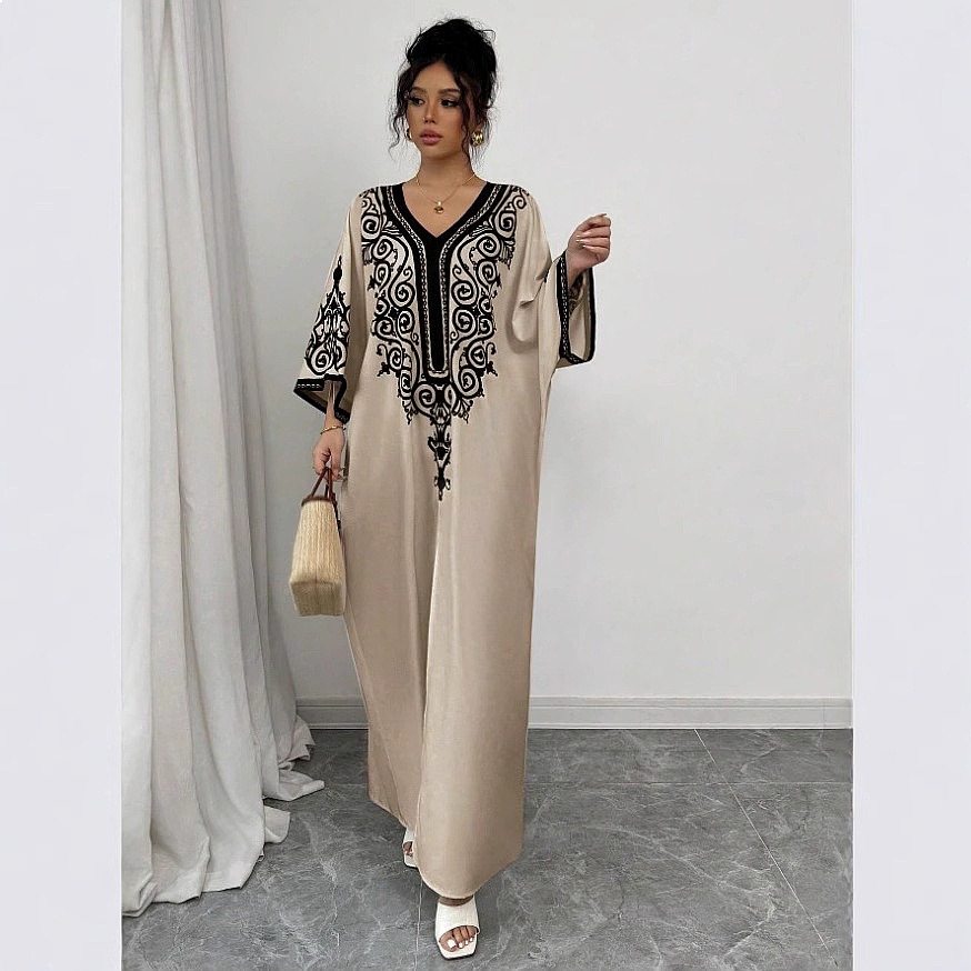 Maxi Dress Boho - V넥 플로럴 프린트 맥시 드레스 루즈