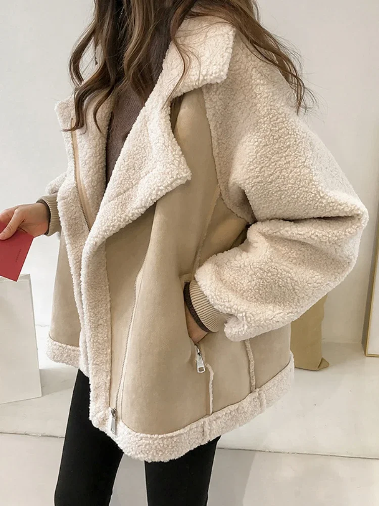 Sherpa Coat Women - 여성용 느슨한 턴다운 칼라 코트, 지퍼