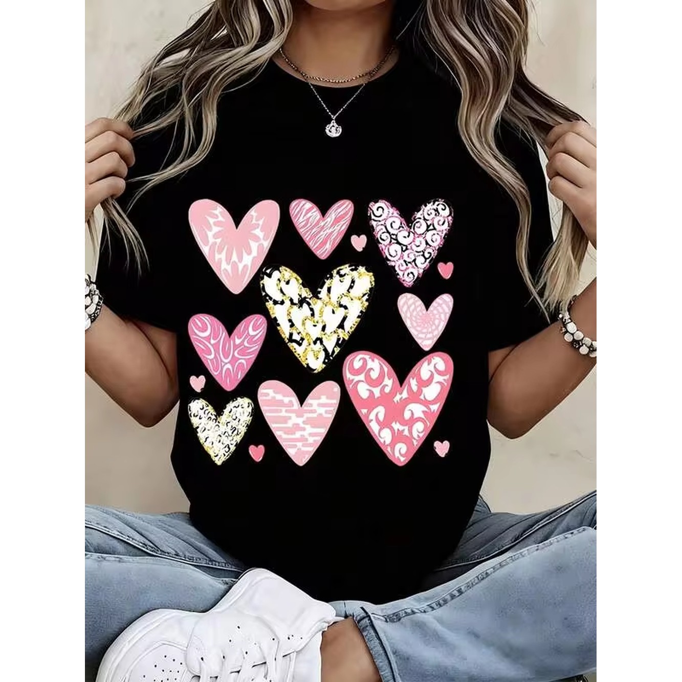 여성용 블랙 티셔츠 발렌타인데이 하트 프린트 반팔 캐주 - Women'S Fashion Graphic Tees 리뷰 및 가격
